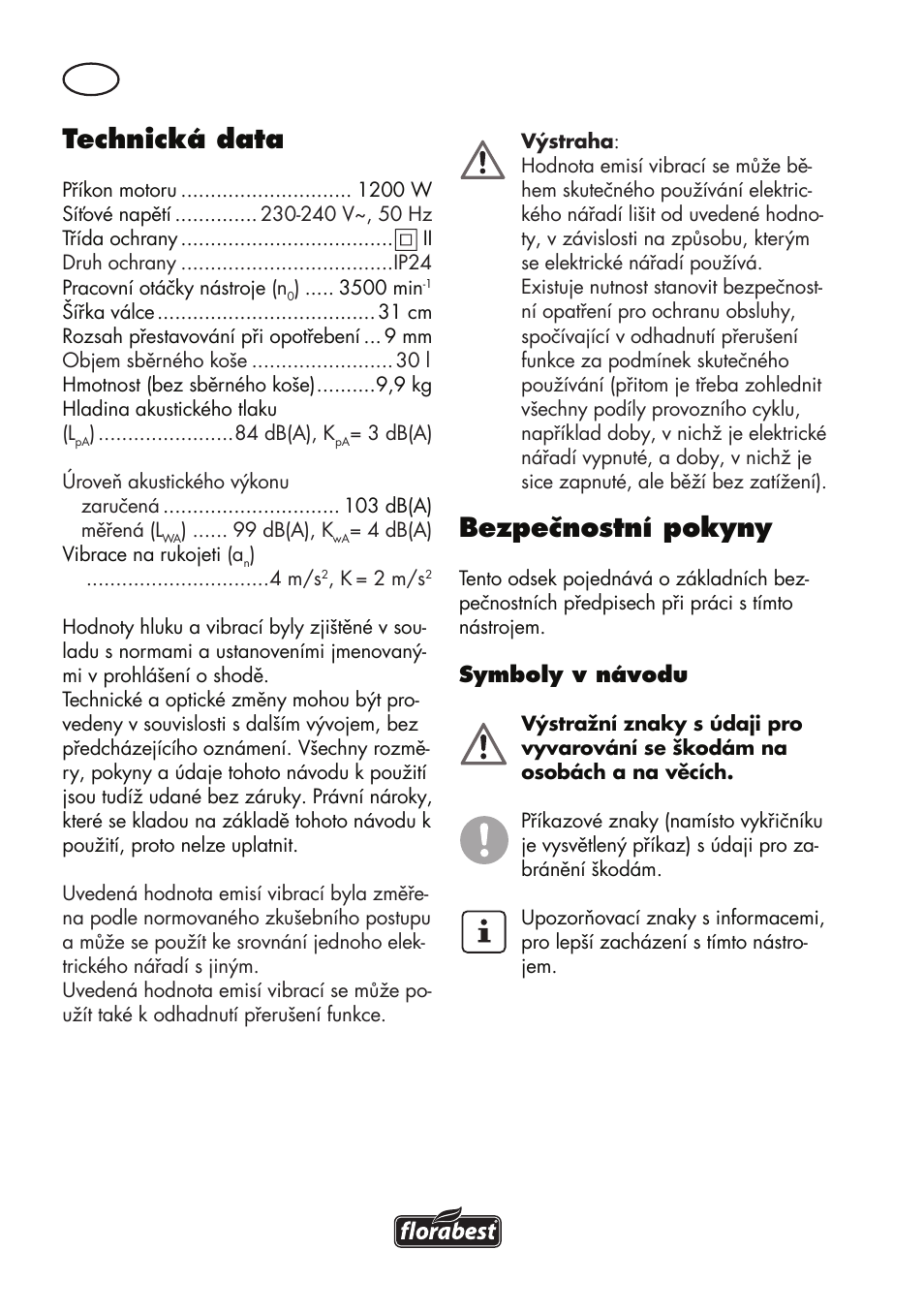 Technická data, Bezpečnostní pokyny | Florabest FLV 1200 A1 User Manual | Page 66 / 116