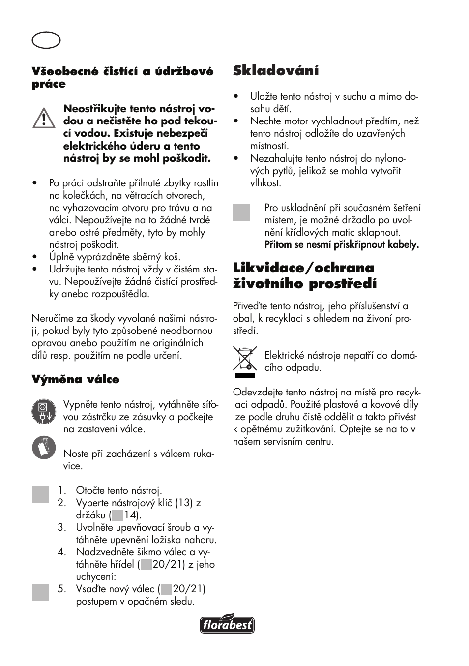 Skladování, Likvidace/ochrana životního prostředí | Florabest FLV 1200 A1 User Manual | Page 74 / 116