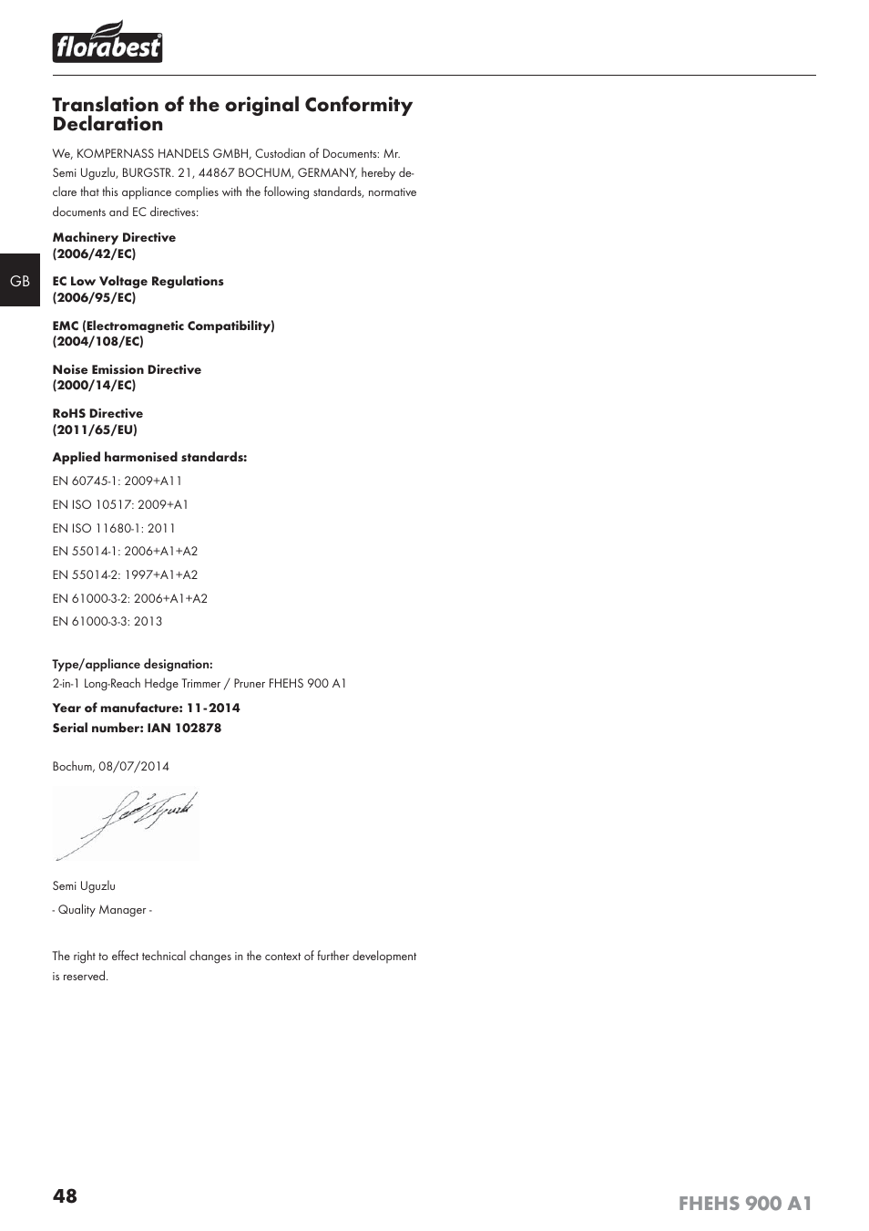Translation of the original conformity declaration | Florabest FHEHS 900 A1 User Manual | Page 52 / 53