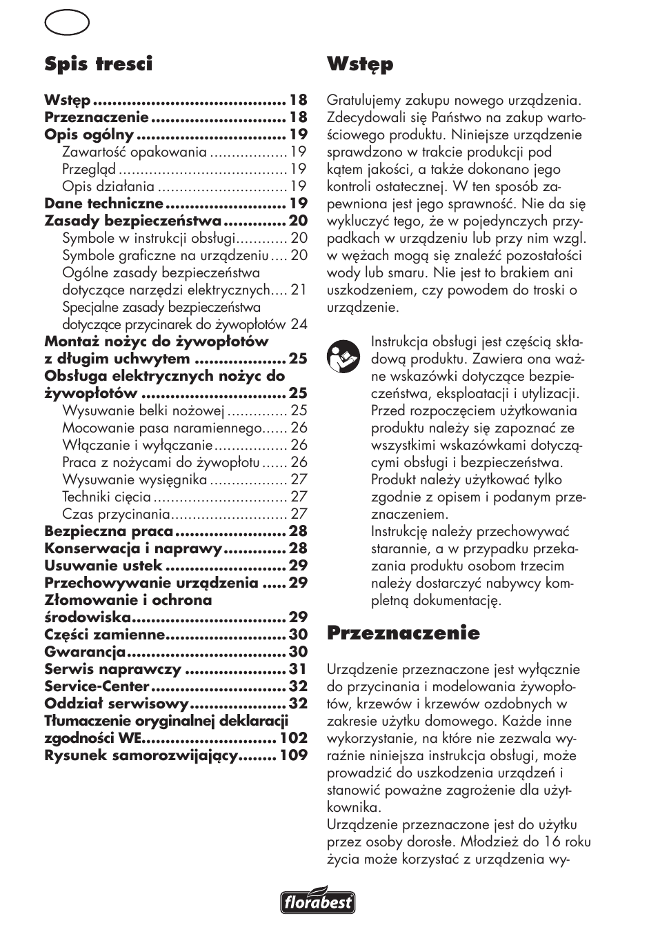 Pl wstęp, Przeznaczenie, Spis tresci | Florabest FHL 900 C4 User Manual | Page 18 / 112