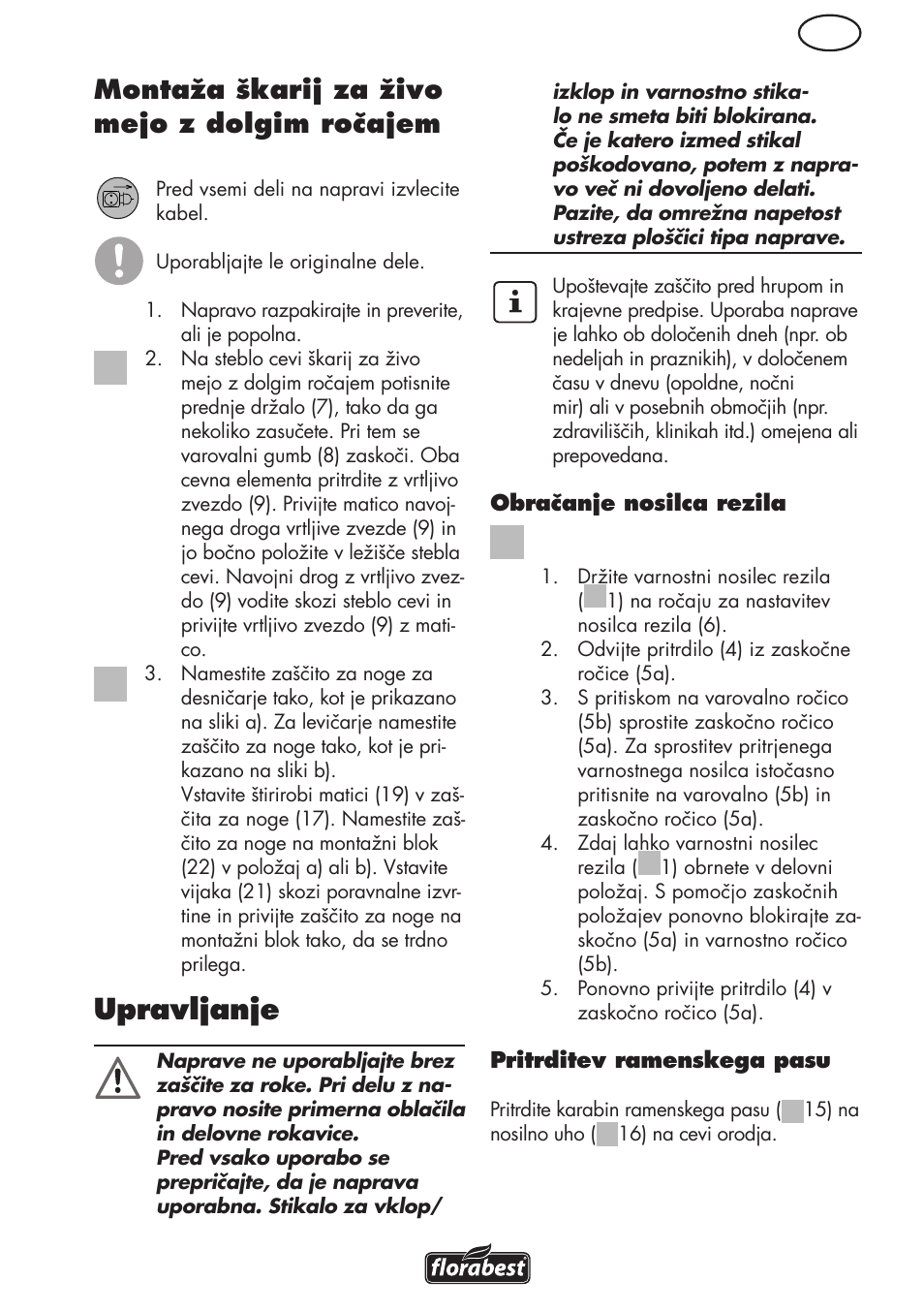 Upravljanje, Si montaža škarij za živo mejo z dolgim ročajem | Florabest FHL 900 C4 User Manual | Page 53 / 112