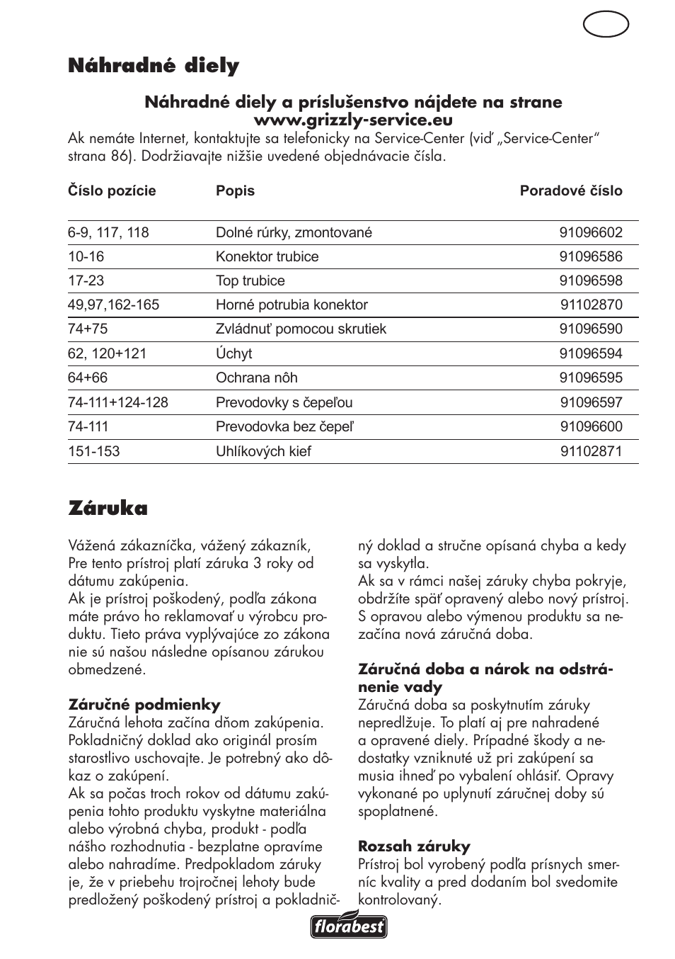 Sk náhradné diely, Záruka | Florabest FHL 900 C4 User Manual | Page 85 / 112