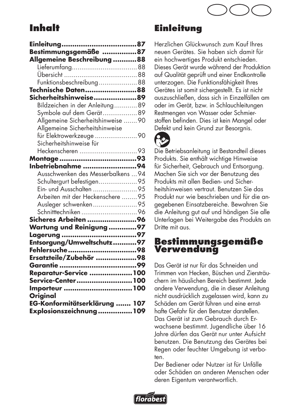 Bestimmungsgemäße verwendung, Inhalt, Ch at de einleitung | Florabest FHL 900 C4 User Manual | Page 87 / 112