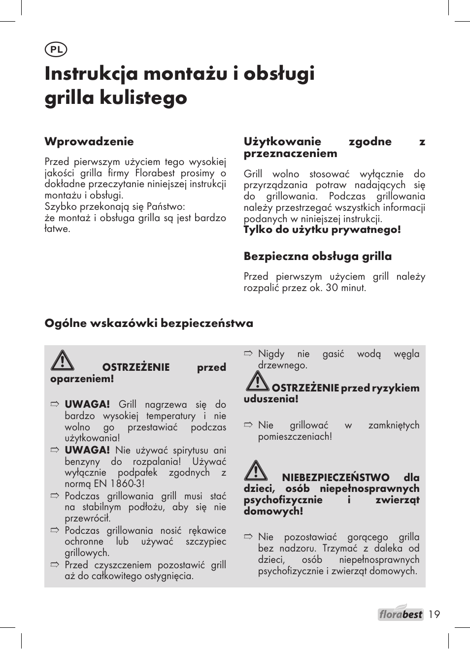 Instrukcja montażu i obsługi grilla kulistego | Florabest 1226 User Manual | Page 19 / 44