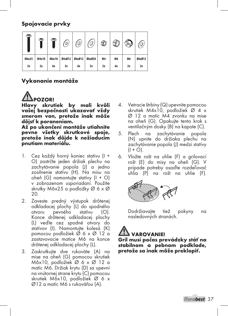 Vykonanie montáže, Spojovacie prvky | Florabest 1226 User Manual | Page 37 / 44
