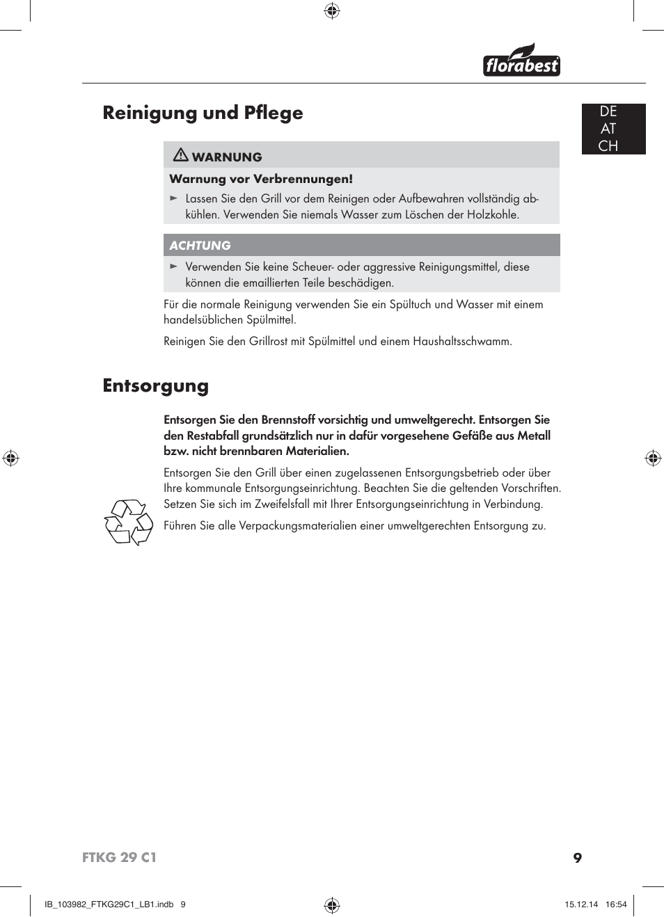Reinigung und pﬂege, Entsorgung, De at ch | Florabest FTKG 29 C1 User Manual | Page 12 / 51