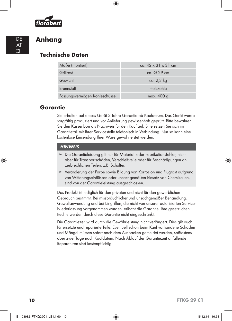 Anhang, Technische daten, Garantie | De at ch | Florabest FTKG 29 C1 User Manual | Page 13 / 51