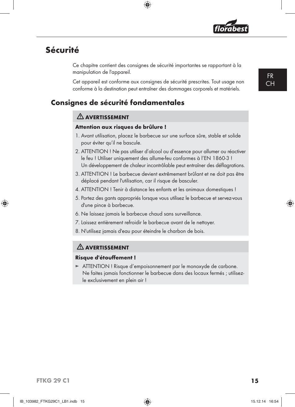 Sécurité, Consignes de sécurité fondamentales, Fr ch | Florabest FTKG 29 C1 User Manual | Page 18 / 51