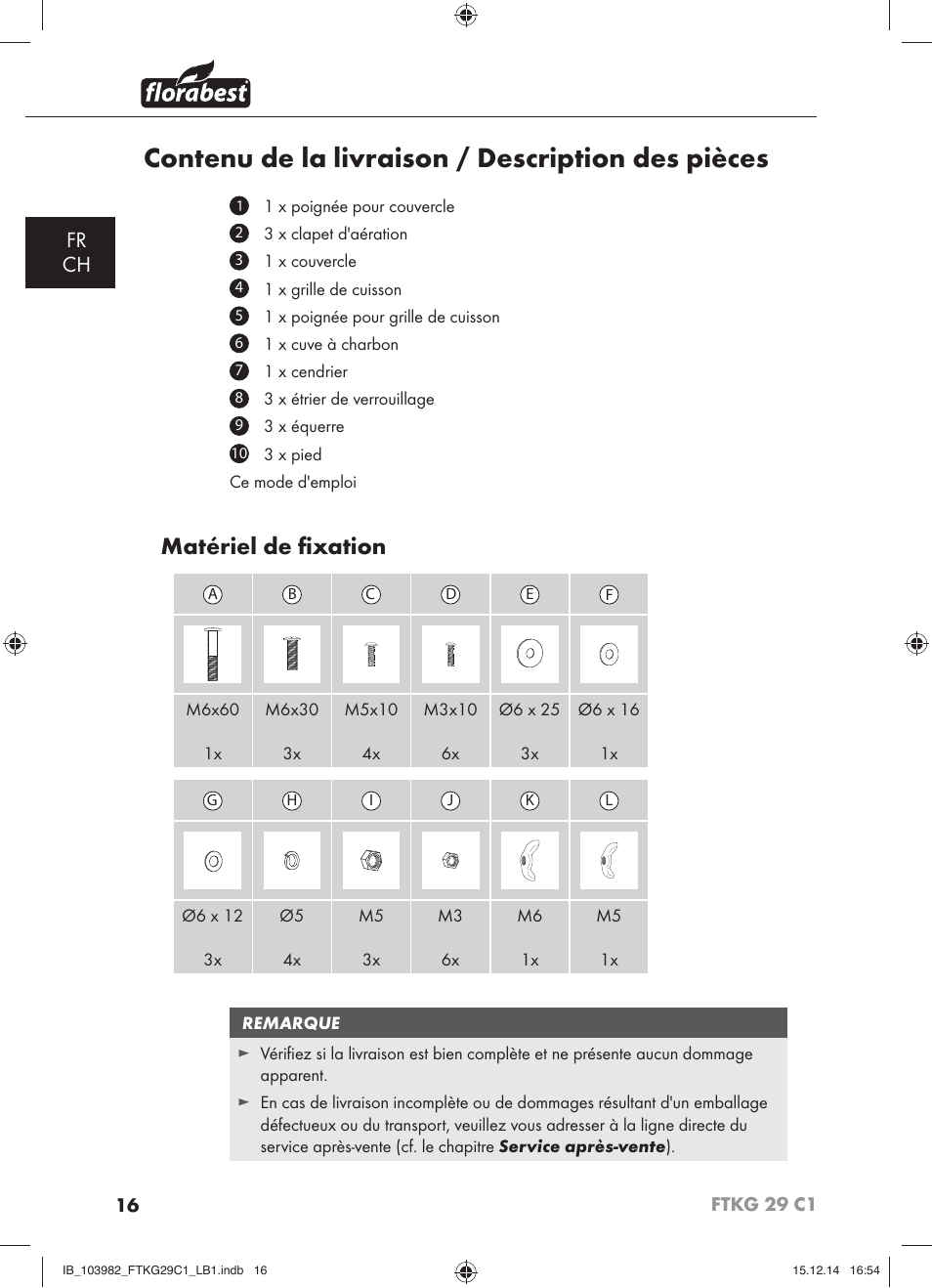 Contenu de la livraison / description des pièces, Matériel de ﬁxation, Fr ch | Florabest FTKG 29 C1 User Manual | Page 19 / 51