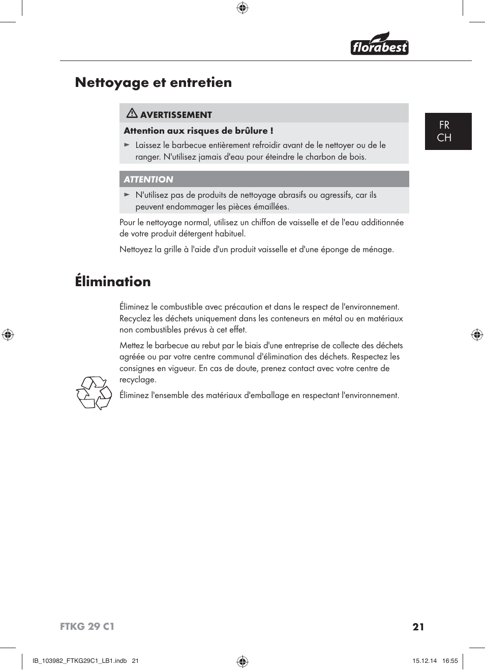 Nettoyage et entretien, Élimination, Fr ch | Florabest FTKG 29 C1 User Manual | Page 24 / 51