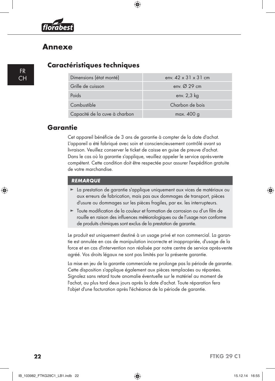 Annexe, Caractéristiques techniques, Garantie | Fr ch | Florabest FTKG 29 C1 User Manual | Page 25 / 51