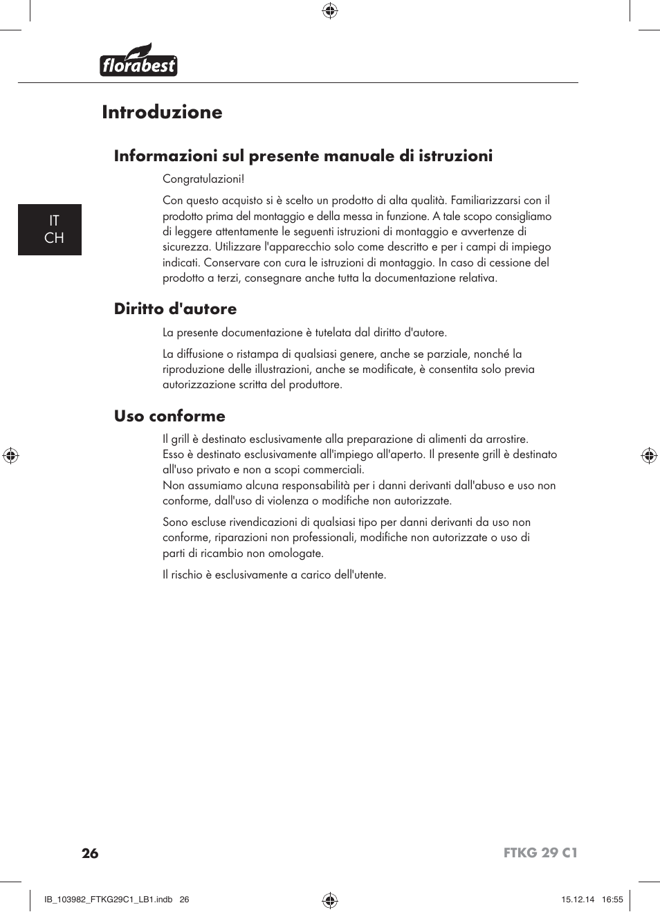 Introduzione, Informazioni sul presente manuale di istruzioni, Diritto d'autore | Uso conforme | Florabest FTKG 29 C1 User Manual | Page 29 / 51