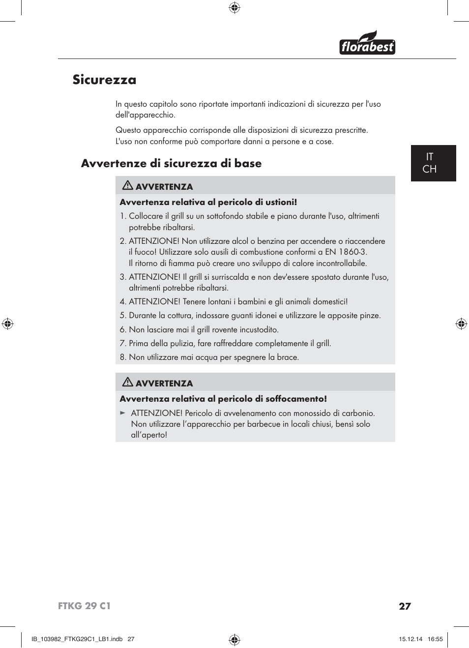 Sicurezza, Avvertenze di sicurezza di base, It ch | Florabest FTKG 29 C1 User Manual | Page 30 / 51