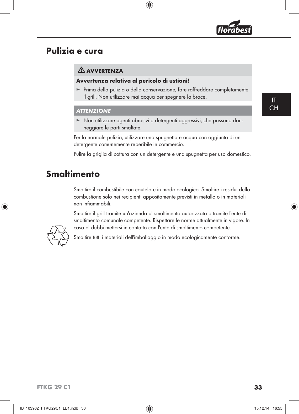 Pulizia e cura, Smaltimento, It ch | Florabest FTKG 29 C1 User Manual | Page 36 / 51