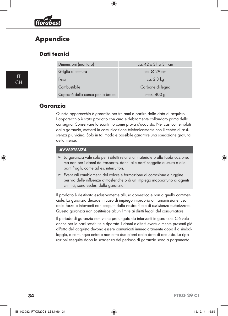 Appendice, Dati tecnici, Garanzia | It ch | Florabest FTKG 29 C1 User Manual | Page 37 / 51