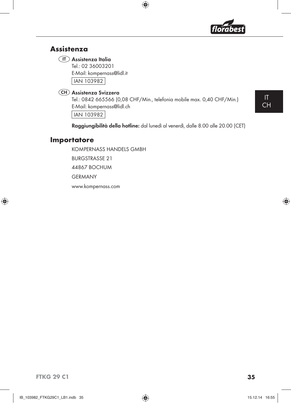 Assistenza, Importatore, It ch | Florabest FTKG 29 C1 User Manual | Page 38 / 51