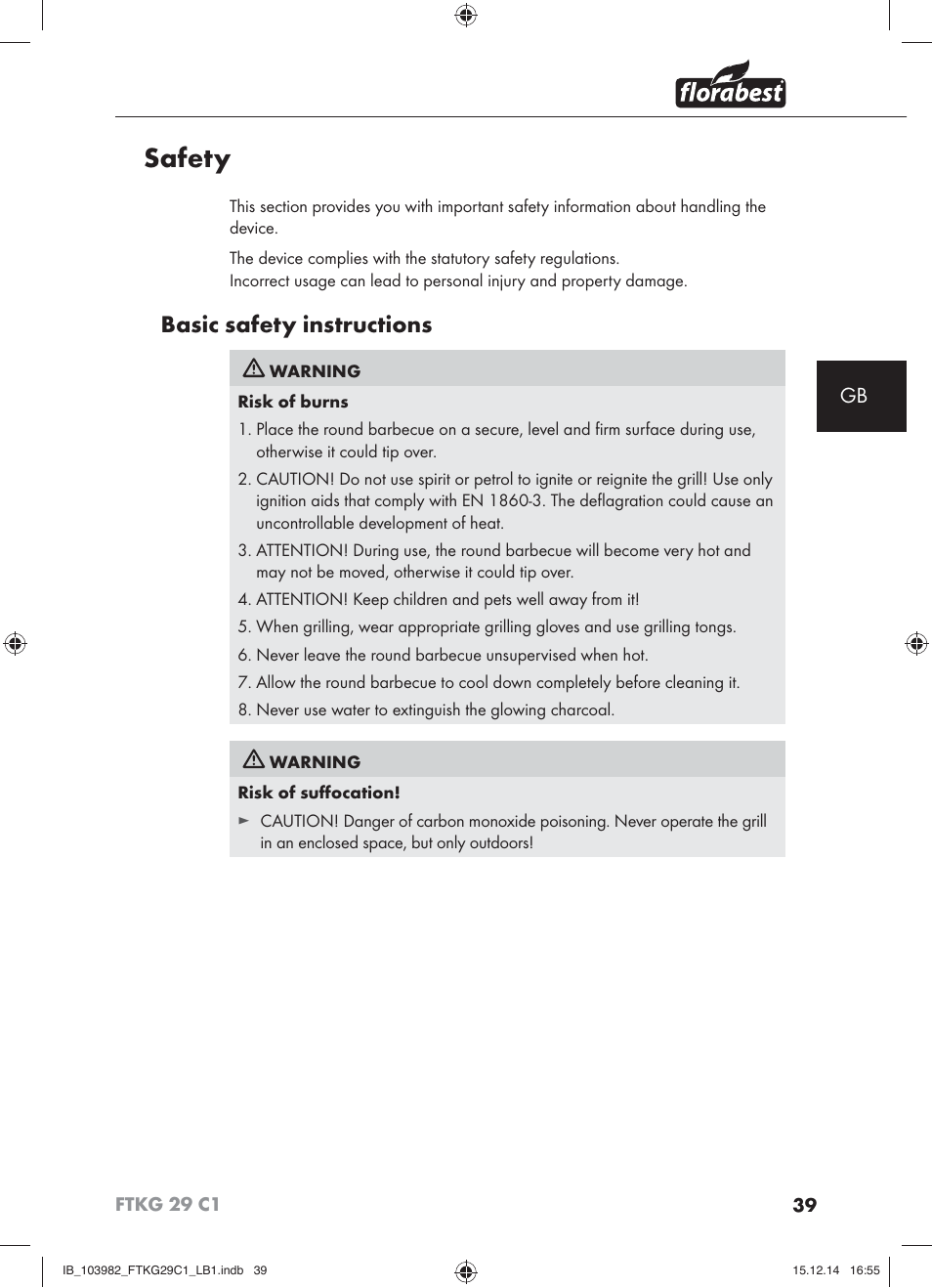 Safety, Basic safety instructions | Florabest FTKG 29 C1 User Manual | Page 42 / 51