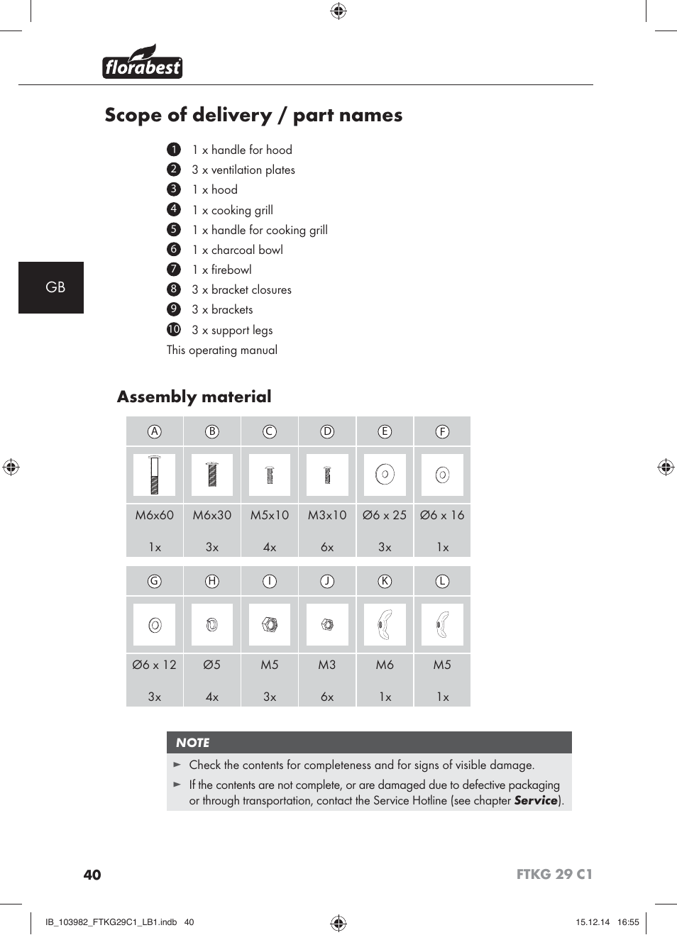 Scope of delivery / part names, Assembly material | Florabest FTKG 29 C1 User Manual | Page 43 / 51