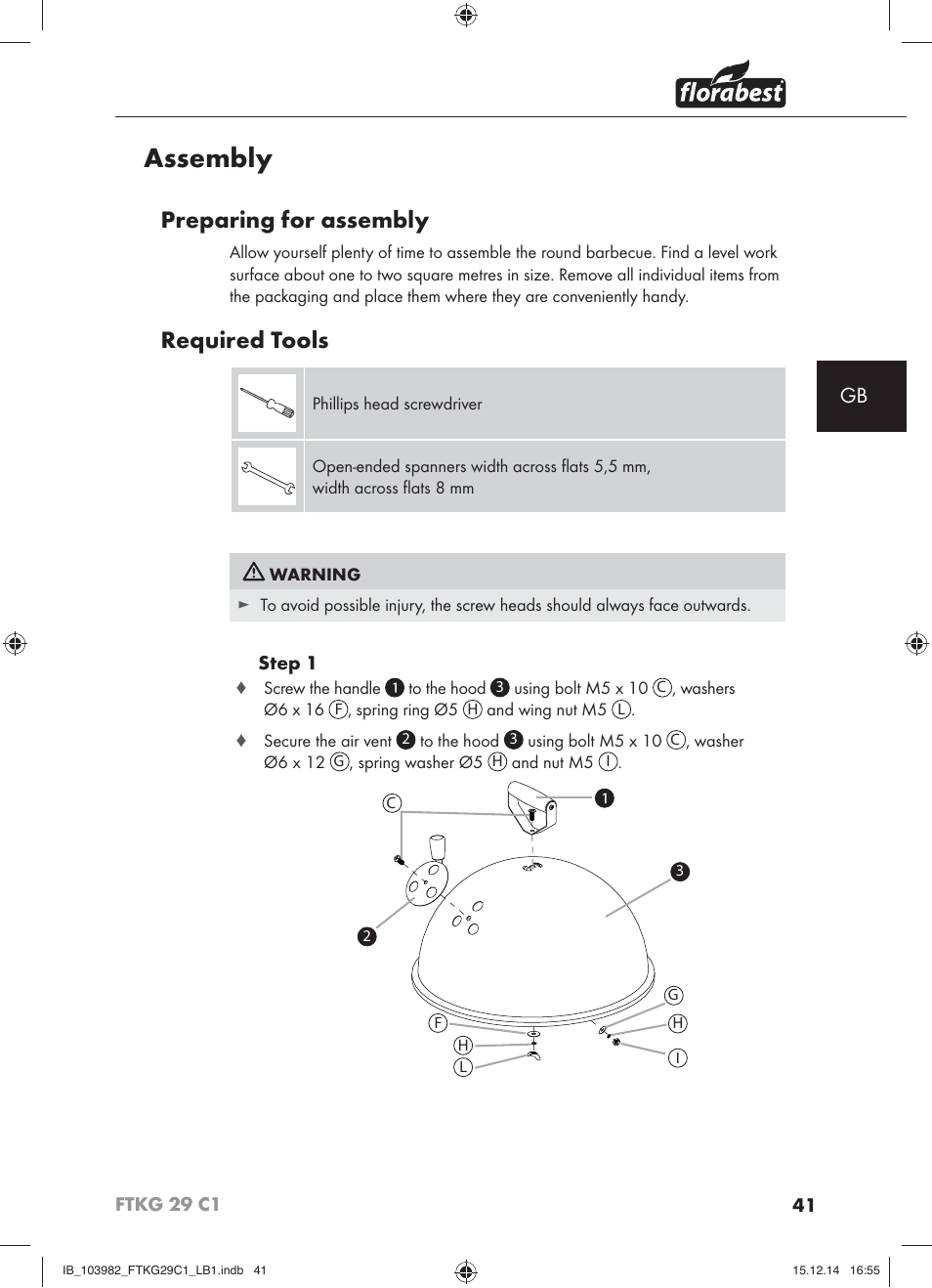 Assembly, Preparing for assembly, Required tools | Florabest FTKG 29 C1 User Manual | Page 44 / 51