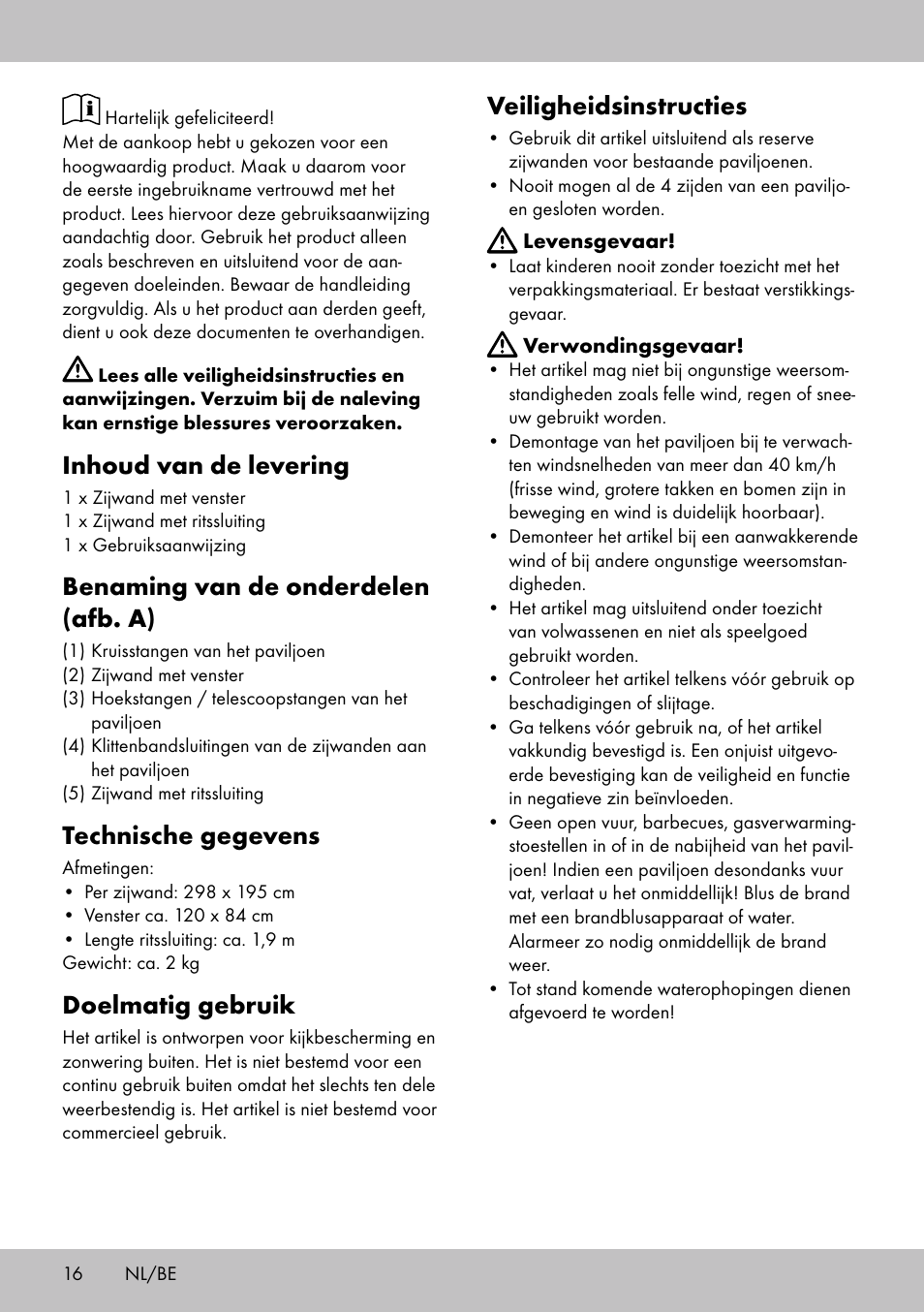 Inhoud van de levering, Benaming van de onderdelen (afb. a), Technische gegevens | Doelmatig gebruik, Veiligheidsinstructies | Florabest SP-1798 User Manual | Page 16 / 20
