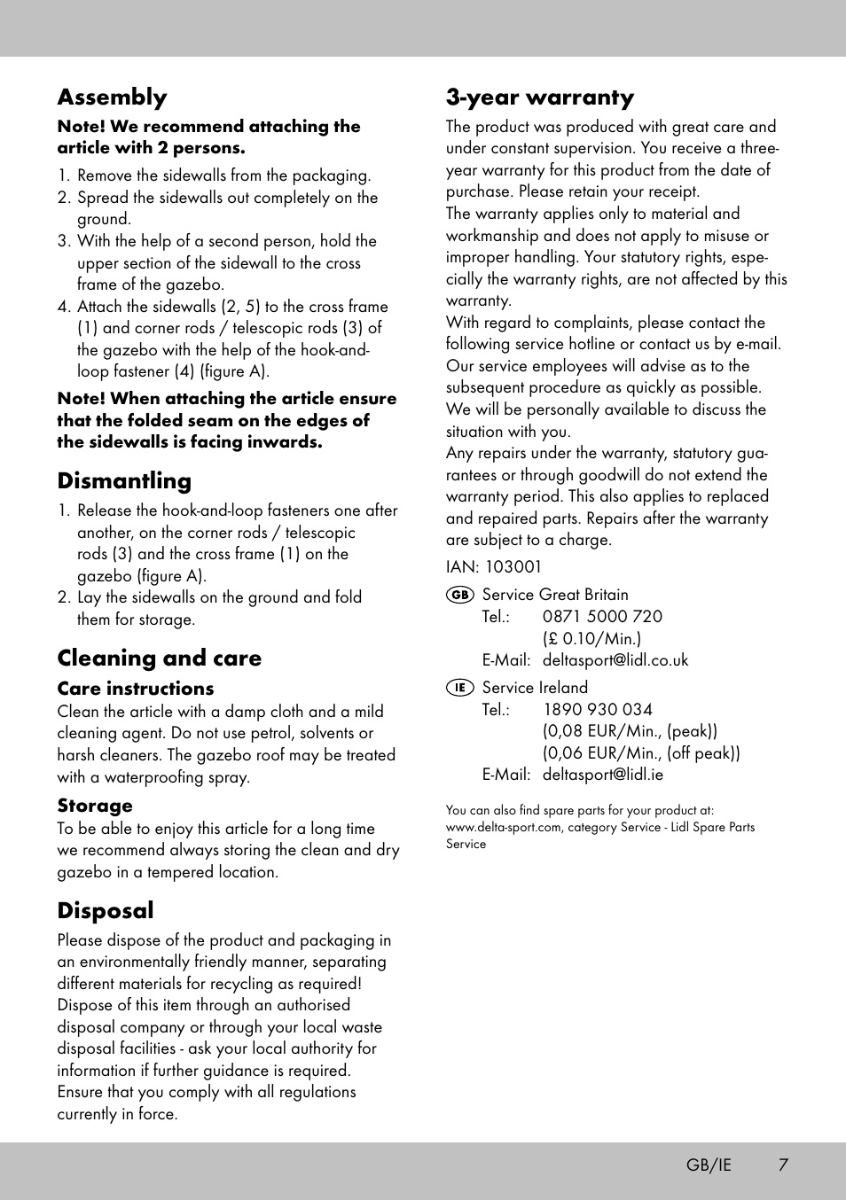 Year warranty, Assembly, Dismantling | Cleaning and care, Disposal | Florabest SP-1798 User Manual | Page 7 / 20