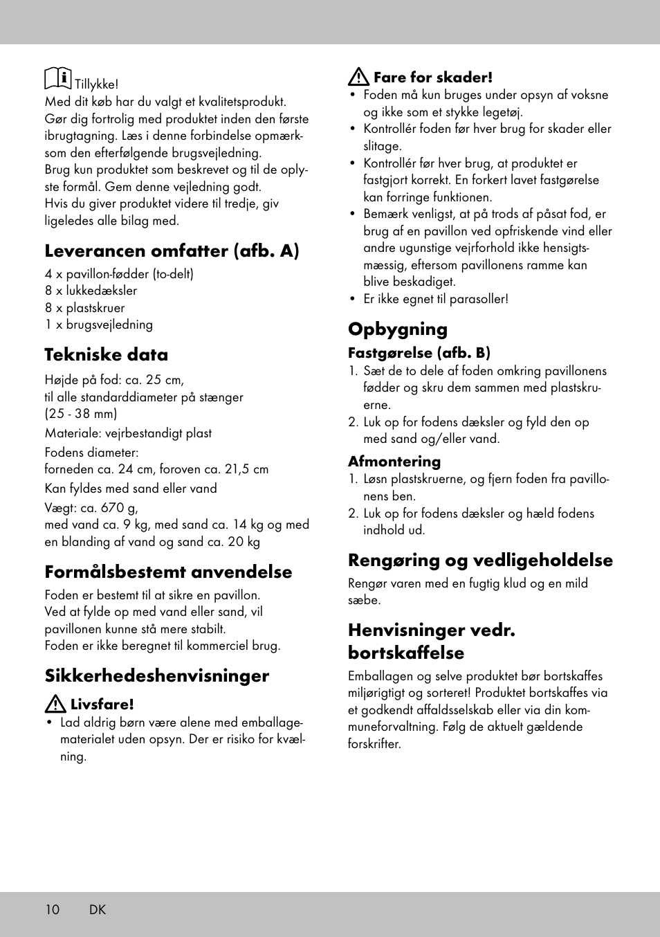 Leverancen omfatter (afb. a), Tekniske data, Formålsbestemt anvendelse | Sikkerhedeshenvisninger, Opbygning, Rengøring og vedligeholdelse, Henvisninger vedr. bortskaffelse | Florabest PS-1801 User Manual | Page 10 / 20