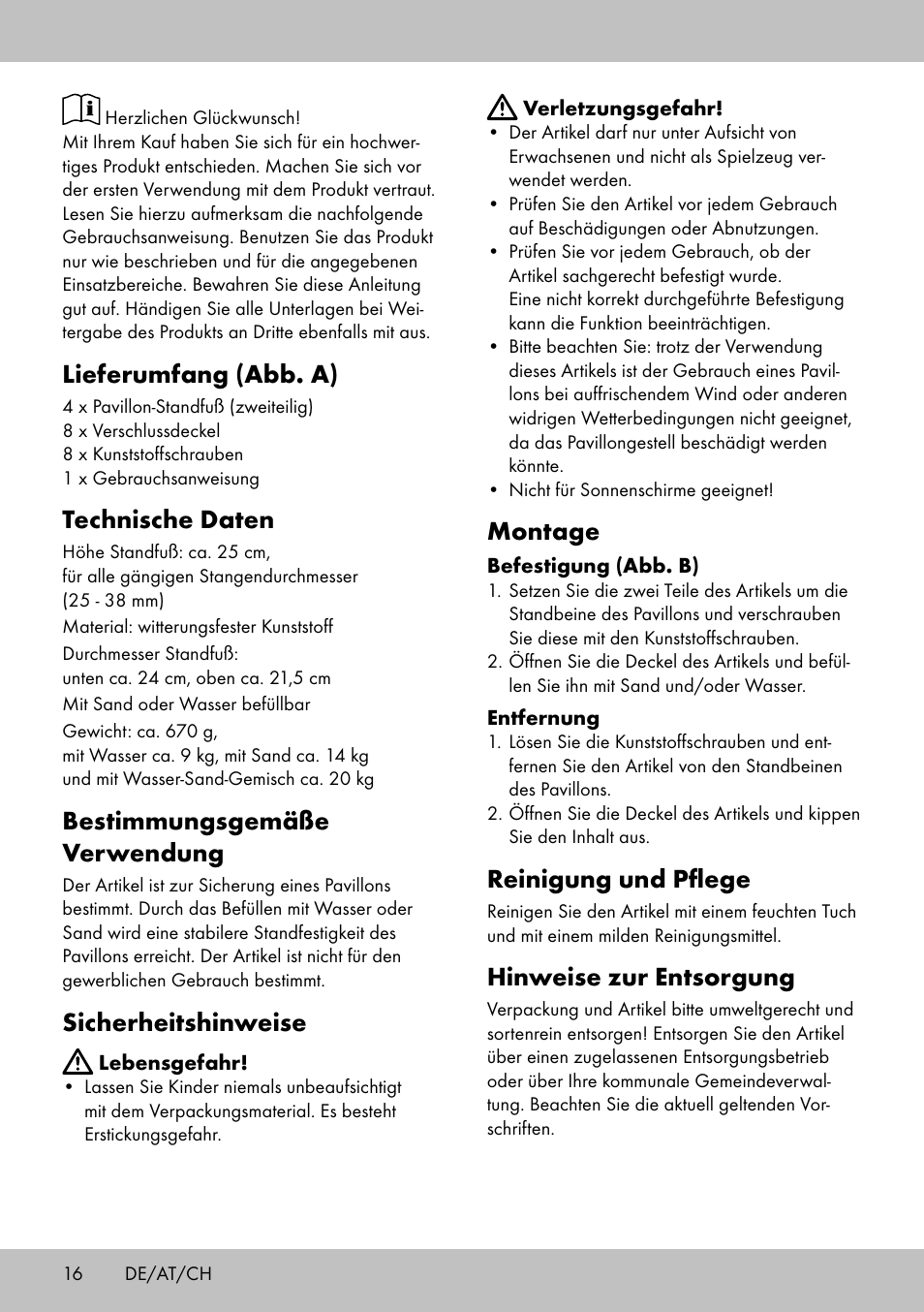 Lieferumfang (abb. a), Technische daten, Bestimmungsgemäße verwendung | Sicherheitshinweise, Montage, Reinigung und pflege, Hinweise zur entsorgung | Florabest PS-1801 User Manual | Page 16 / 20