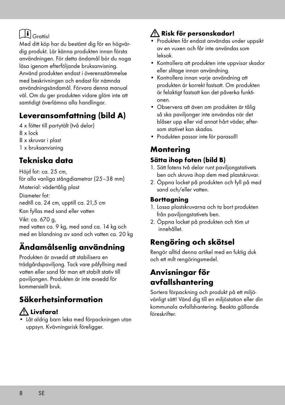 Leveransomfattning (bild a), Tekniska data, Ändamålsenlig användning | Säkerhetsinformation, Montering, Rengöring och skötsel, Anvisningar för avfallshantering | Florabest PS-1801 User Manual | Page 8 / 20