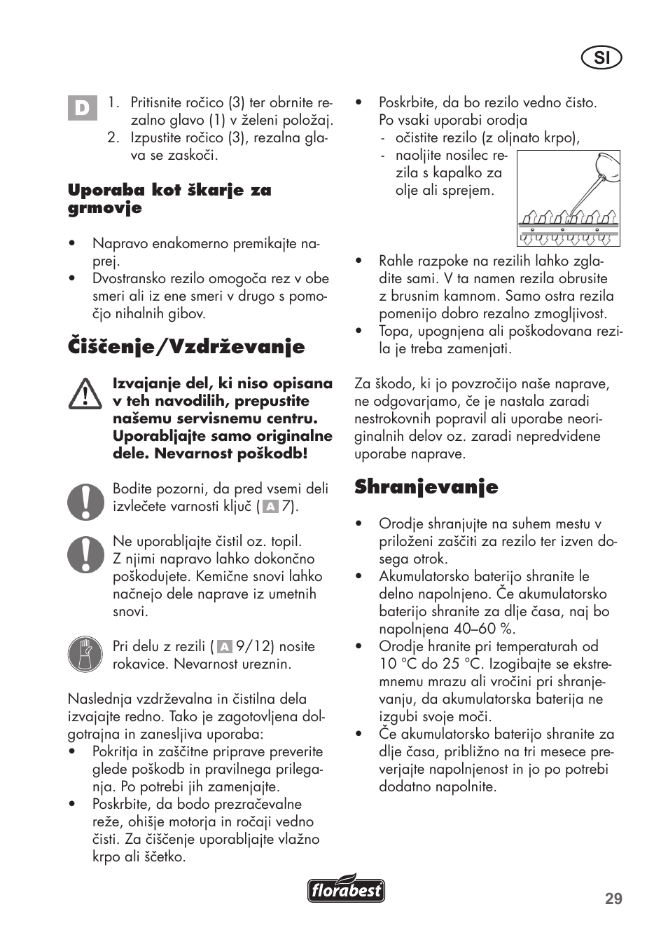 Čiščenje/vzdrževanje, Shranjevanje | Florabest FGS 3.6 A1 User Manual | Page 29 / 92