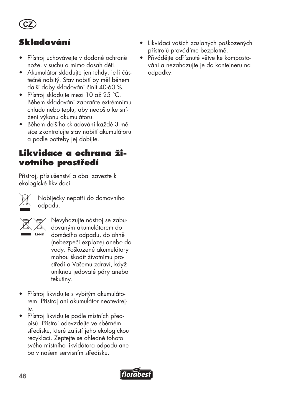 Skladování, Likvidace a ochrana ži- votního prostředí | Florabest FGS 3.6 A1 User Manual | Page 46 / 92