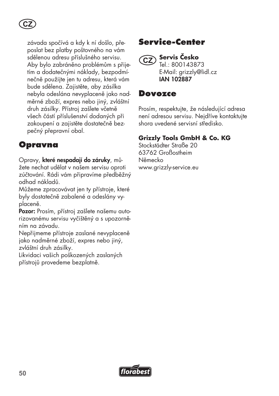 Opravna, Service-center, Dovozce | Florabest FGS 3.6 A1 User Manual | Page 50 / 92