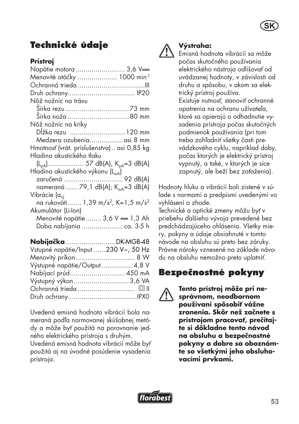 Technické údaje, Bezpečnostné pokyny | Florabest FGS 3.6 A1 User Manual | Page 53 / 92