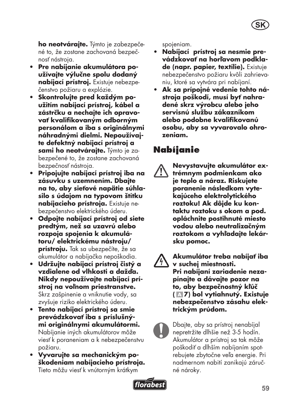 Nabíjanie | Florabest FGS 3.6 A1 User Manual | Page 59 / 92