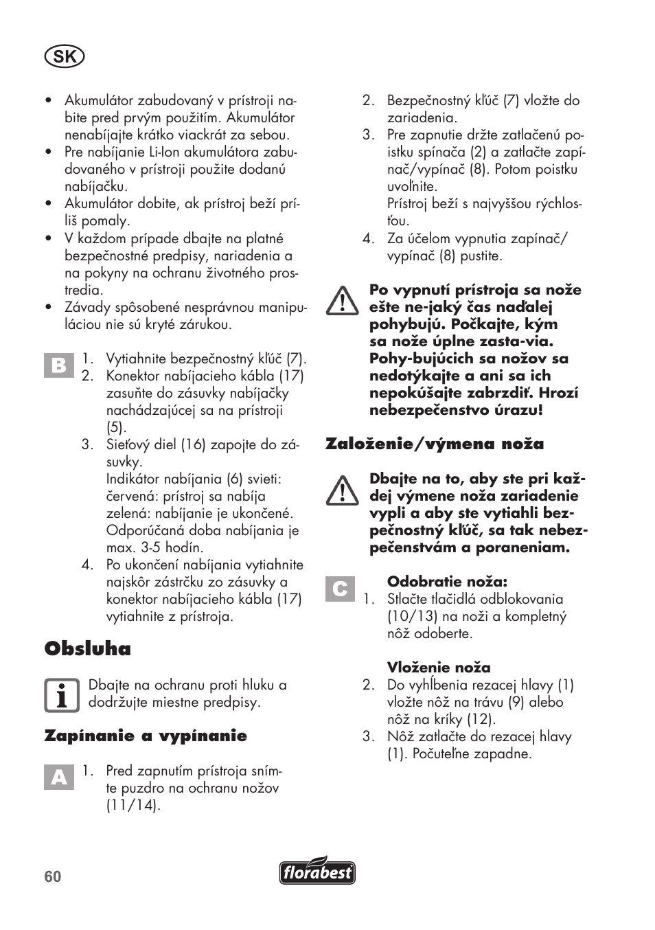 Obsluha | Florabest FGS 3.6 A1 User Manual | Page 60 / 92