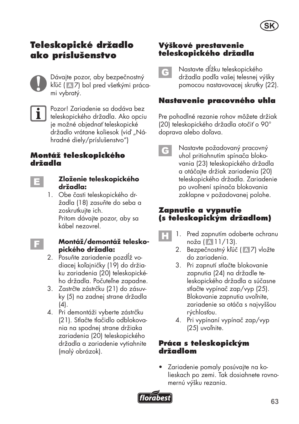 Teleskopické držadlo ako príslušenstvo | Florabest FGS 3.6 A1 User Manual | Page 63 / 92