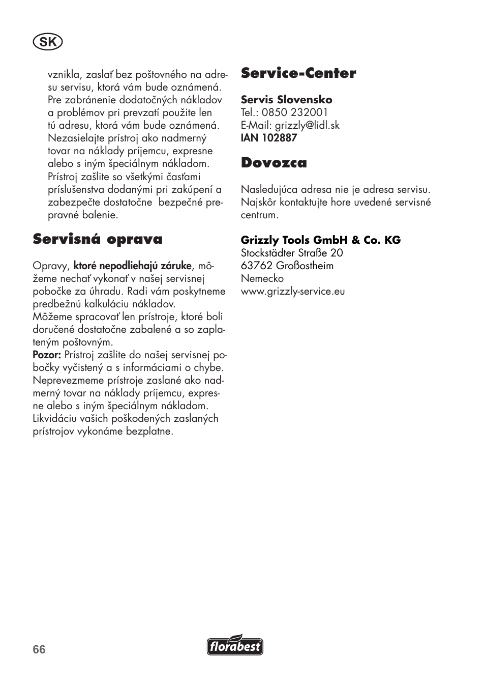 Servisná oprava, Service-center, Dovozca | Florabest FGS 3.6 A1 User Manual | Page 66 / 92