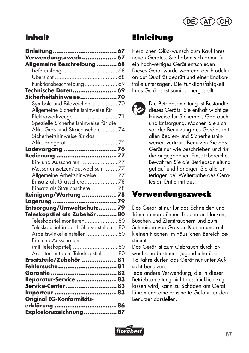 Einleitung, Verwendungszweck, Inhalt | De at ch | Florabest FGS 3.6 A1 User Manual | Page 67 / 92