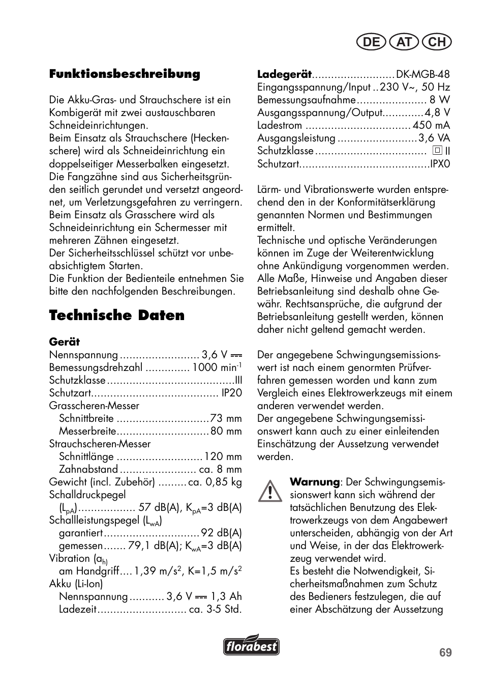 Technische daten, De at ch | Florabest FGS 3.6 A1 User Manual | Page 69 / 92