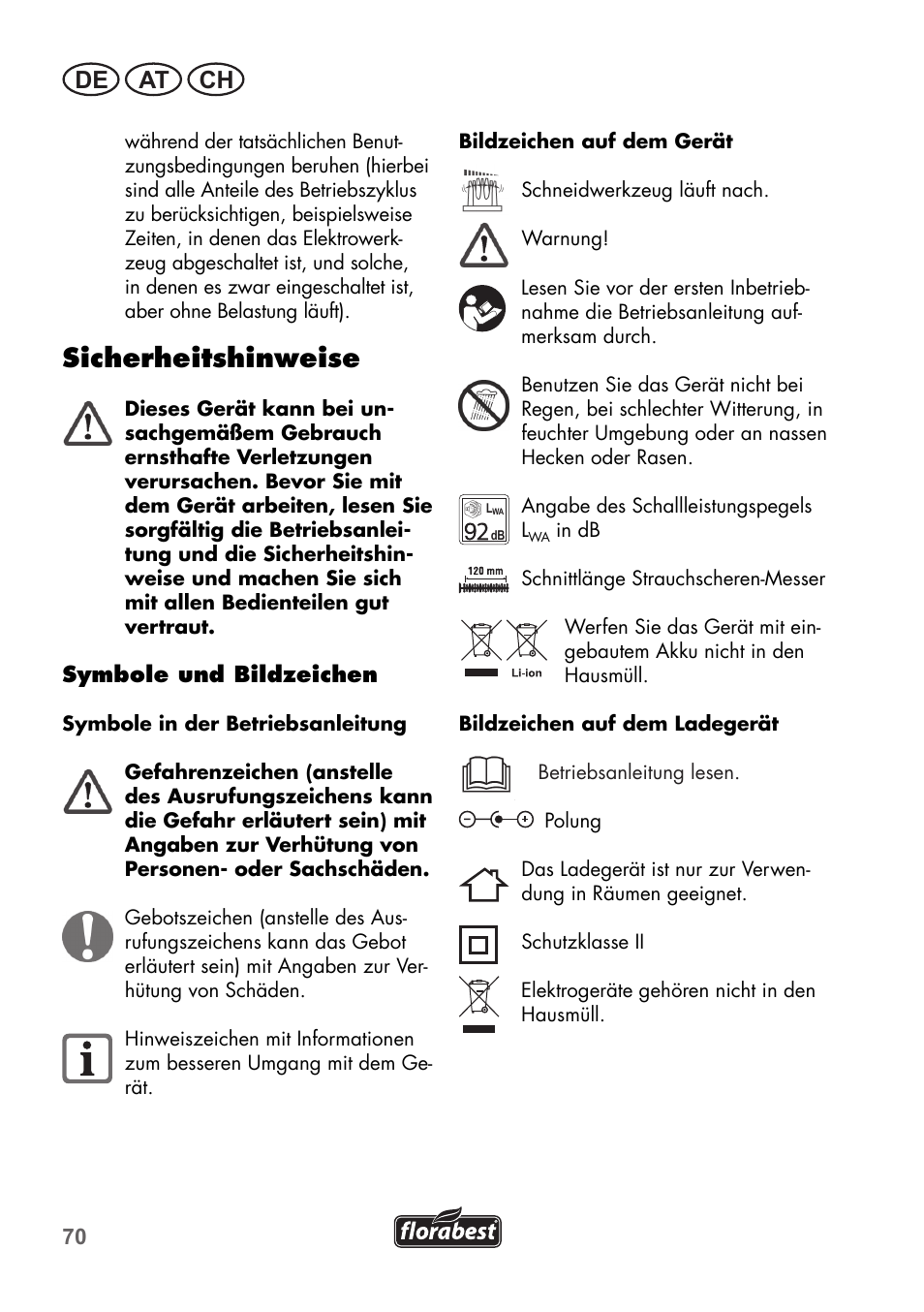 Sicherheitshinweise, De at ch | Florabest FGS 3.6 A1 User Manual | Page 70 / 92