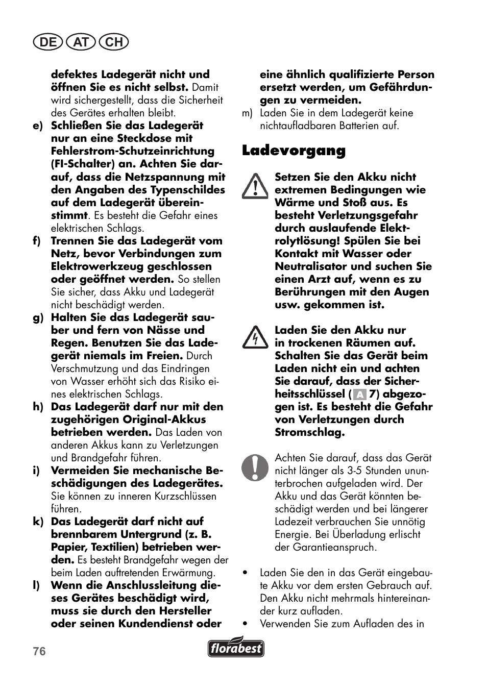 Ladevorgang, De at ch | Florabest FGS 3.6 A1 User Manual | Page 76 / 92