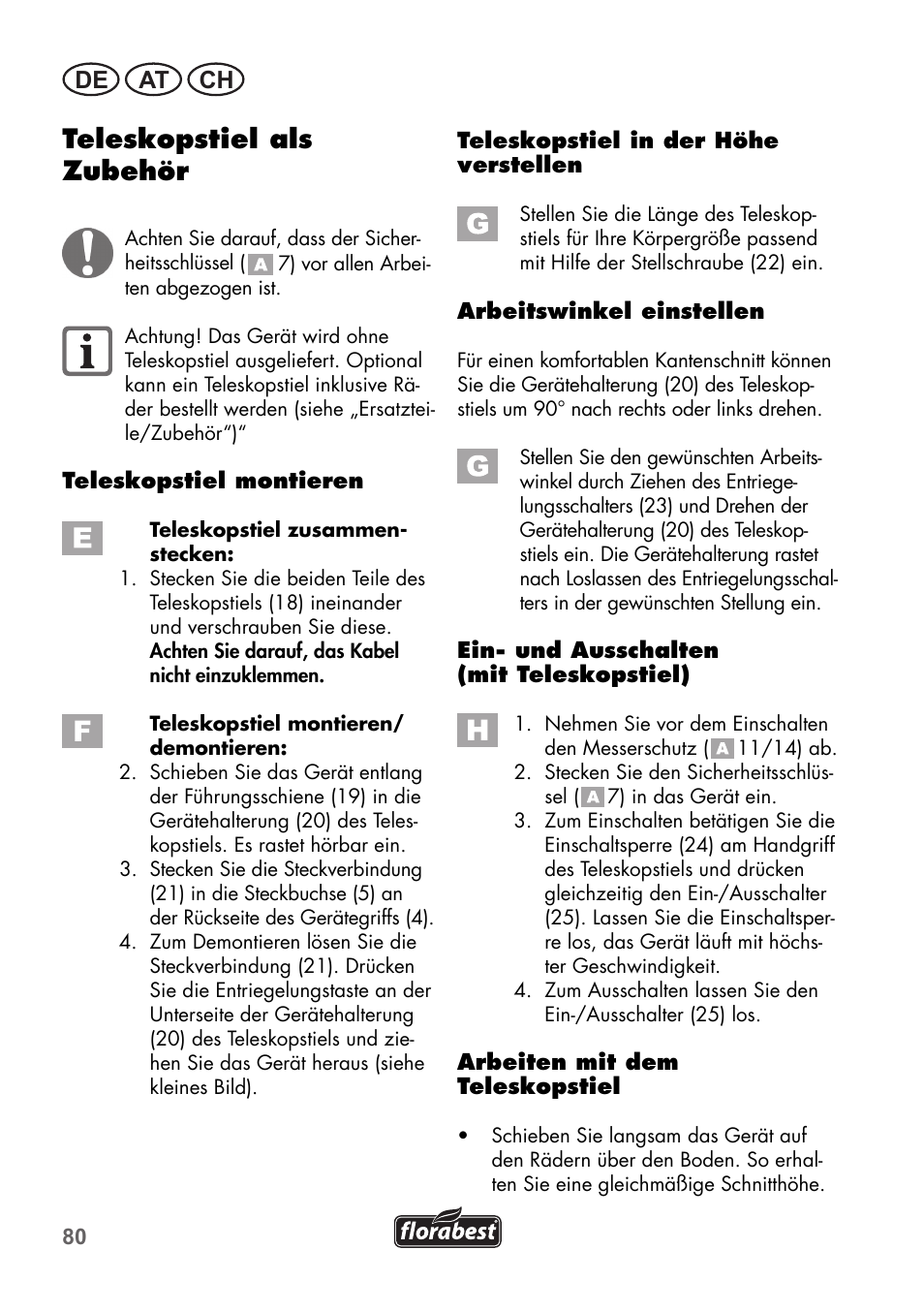 Teleskopstiel als zubehör, De at ch | Florabest FGS 3.6 A1 User Manual | Page 80 / 92