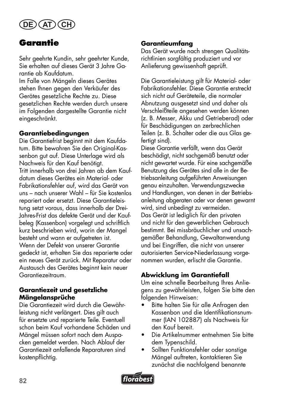 Garantie, De at ch | Florabest FGS 3.6 A1 User Manual | Page 82 / 92