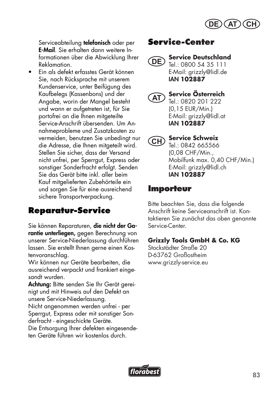 Reparatur-service, Ser vice-center, Importeur | De at ch | Florabest FGS 3.6 A1 User Manual | Page 83 / 92
