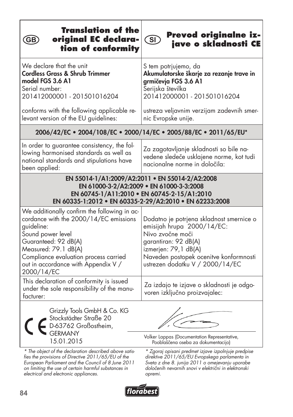 Florabest FGS 3.6 A1 User Manual | Page 84 / 92