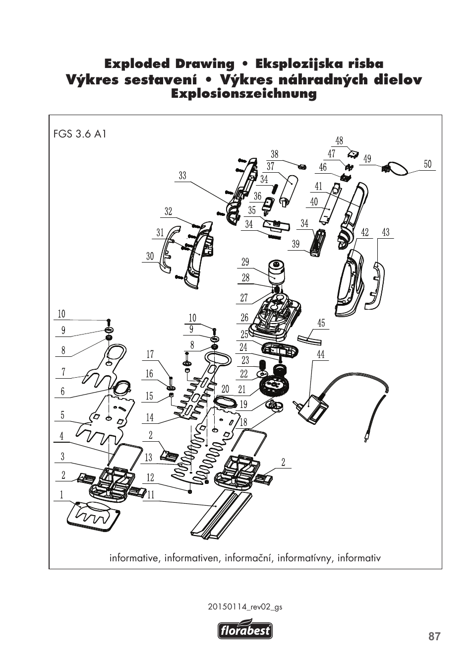 Výkres sestavení • výkres náhradných dielov | Florabest FGS 3.6 A1 User Manual | Page 87 / 92
