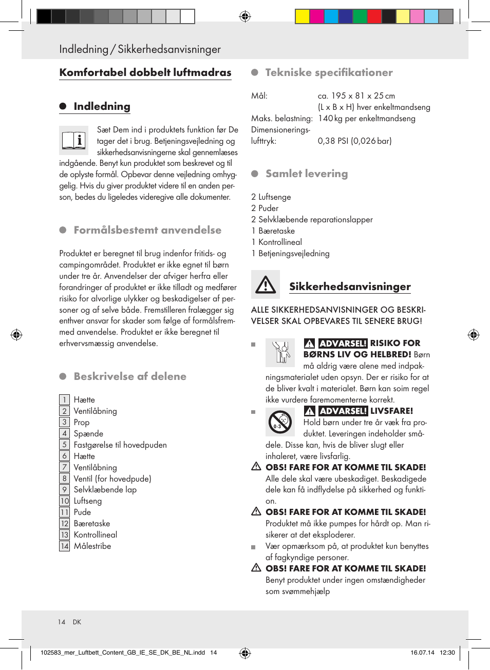 Indledning / sikkerhedsanvisninger, Komfortabel dobbelt luftmadras indledning, Formålsbestemt anvendelse | Beskrivelse af delene, Tekniske specifikationer, Samlet levering, Sikkerhedsanvisninger | Meradiso Z31688 User Manual | Page 14 / 29