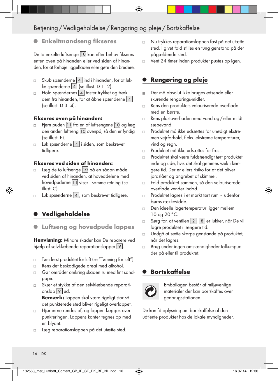 Enkeltmandseng fikseres, Vedligeholdelse, Luftseng og hovedpude lappes | Rengøring og pleje, Bortskaffelse | Meradiso Z31688 User Manual | Page 16 / 29