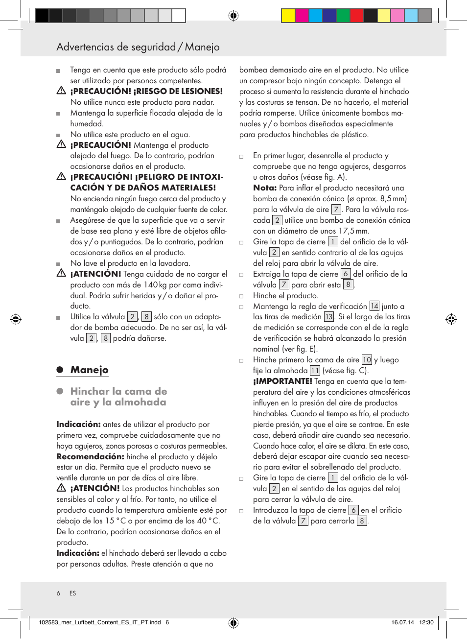 Advertencias de seguridad / manejo, Manejo, Hinchar la cama de aire y la almohada | Meradiso Z31688 User Manual | Page 6 / 24