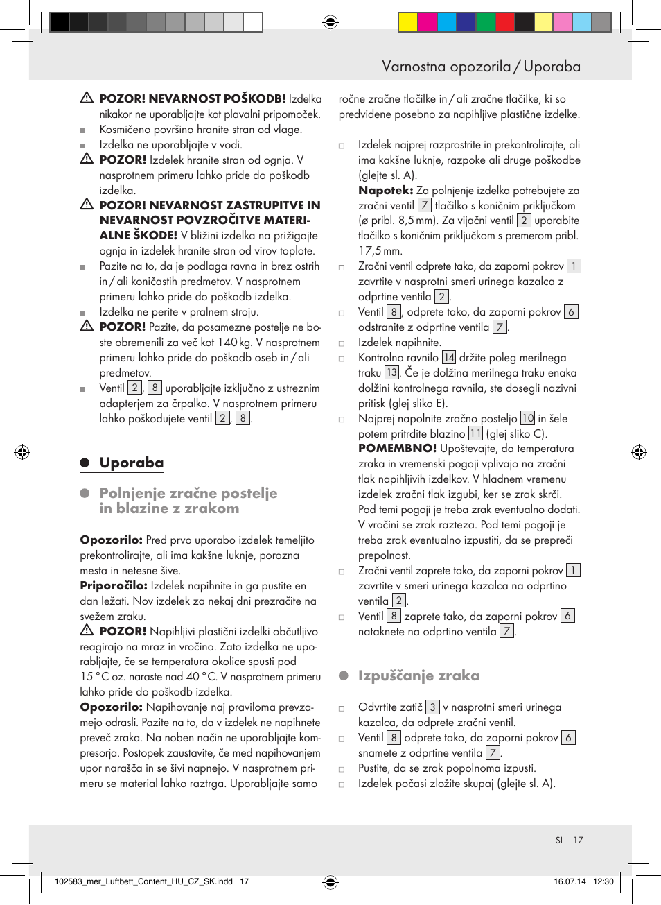 Uporaba, Polnjenje zračne postelje in blazine z zrakom, Izpuščanje zraka | Meradiso Z31688 User Manual | Page 17 / 32