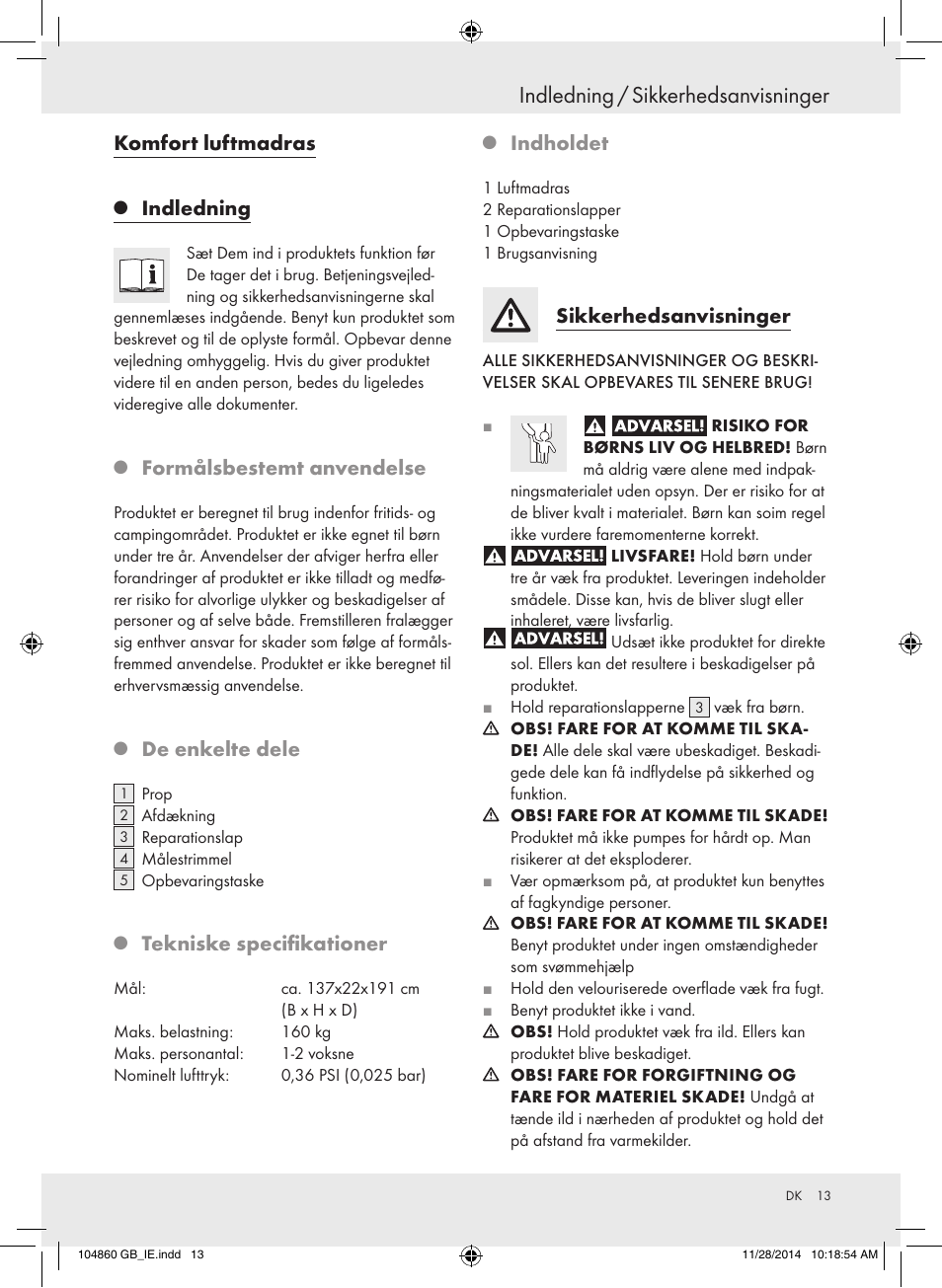 Indledning / sikkerhedsanvisninger, Komfort luftmadras, Indledning | Formålsbestemt anvendelse, De enkelte dele, Tekniske specifikationer, Indholdet, Sikkerhedsanvisninger | Meradiso Z31955A User Manual | Page 13 / 25